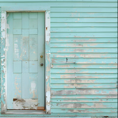 An old blue door, abandoned and forgotten, stands on the side of a weathered building, with peeling paint revealing layers of history and stories.