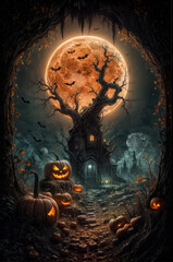 Halloween background with scary tree, pumpkins and old church.