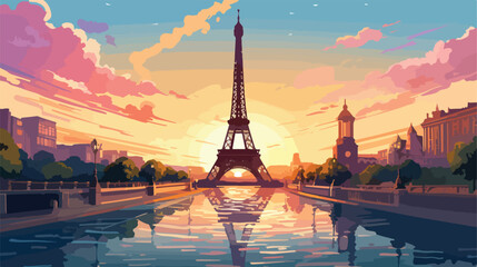 View of the Eiffel tower at sunset .. 2d flat cartoon