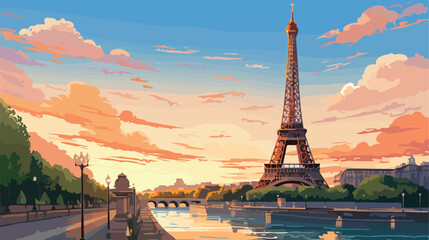View of the Eiffel tower at sunset .. 2d flat cartoon - obrazy, fototapety, plakaty