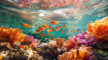 Underwater world filled with colorful fish and corals at the vibrant coral reef - obrazy, fototapety, plakaty