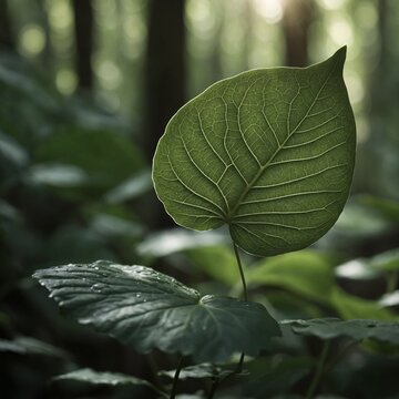 Single, vibrant green leaf stands prominently amidst serene forest backdrop, capturing essence of natural beauty, tranquility. Intricate veins of leaf highlighted.