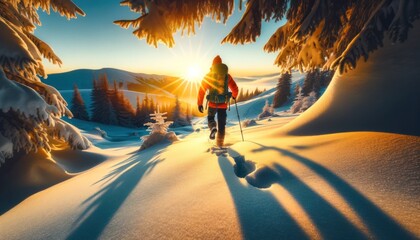 hiker in vibrant outdoor gear treks through pristine snow at sunrise. Their figure is etched against the morning sky as the sun crests the horizon - obrazy, fototapety, plakaty