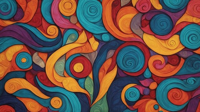 Vibrant, intricate abstract painting captures viewers attention, where swirling patterns of bold colors intertwine, dance across canvas. Each stroke of paint meticulously laid.