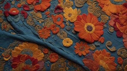 Vibrant, intricate floral embroidery adorns deep blue fabric, showcasing meticulous craftsmanship that brings textile to life. Each stitch weaves together hues of red, orange, yellow,.