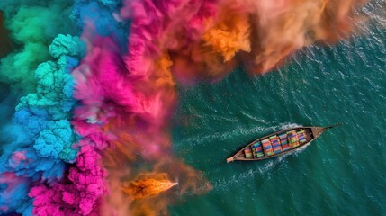 Aerial view of a boat in the sea with colorful smoke clouds.