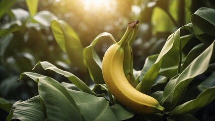 Bunch of ripe bananas nestled within lush, green leaves of banana plant, basking in soft glow of sunlight filtering through foliage. Bananas bright yellow, indicating their ripeness.