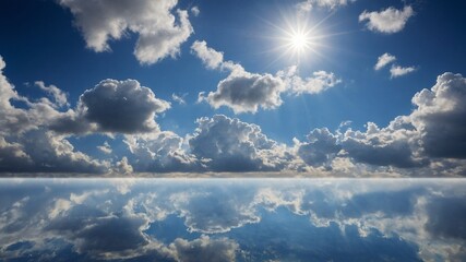 Radiant sun casts its gleaming rays through gaps of fluffy, white clouds scattered across expansive sky. Azure backdrop adorned with these clouds, creating mesmerizing contrast of light, shadow.