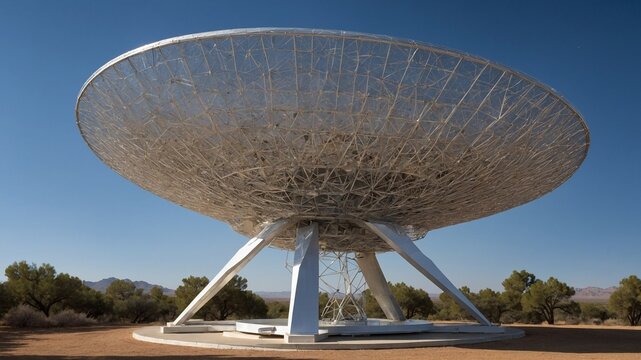 Large satellite dish, standing prominently against backdrop of clear blue sky, captures viewers attention with its intricate mesh surface gleaming in sunlight. Structure.