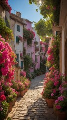 Fototapeta na wymiar Sunlight gently kisses picturesque alleyway adorned with vibrant, blooming flowers in various shades of pink. Cobblestone path, uneven yet full of character.