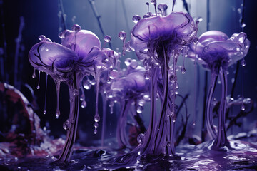 Fototapeta na wymiar liquid purple water flowers with drips on them