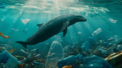 Obraz premium Sea mammals or dolphins get caught in the plastic waste in the sea