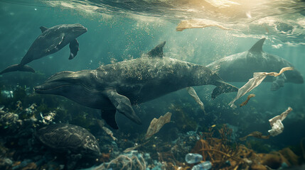 Fototapeta premium Sea mammals or dolphins get caught in the plastic waste in the sea