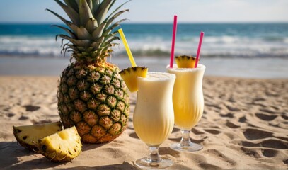 Two summer coconut milk cocktails with a slice of pineapple on the table on a sunny beach. Pina colada	 - obrazy, fototapety, plakaty