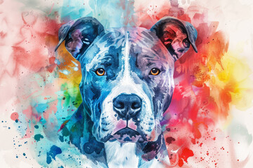 Portrait of American Pit Bull Terrier dog. Colorful watercolor painting illustration. - obrazy, fototapety, plakaty