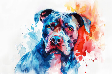Portrait of American Pit Bull Terrier dog. Colorful watercolor painting illustration. - obrazy, fototapety, plakaty