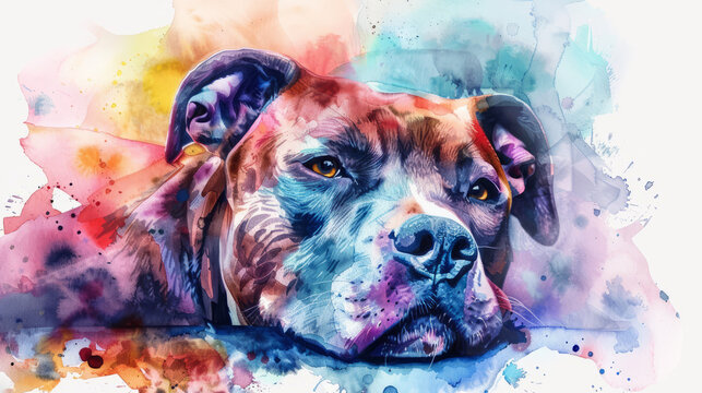 Portrait of American Pit Bull Terrier dog. Colorful watercolor painting illustration.
