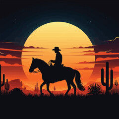 free vector West sunset silhouette landscape with cowboy on horse