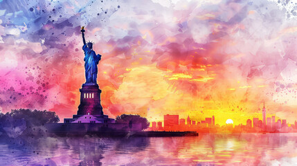 Scenic view of sunrise or sunset at Statue of Liberty. Colorful watercolor painting illustration.