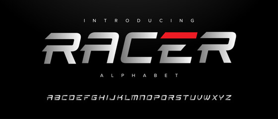 Racer creative simple modern urban alphabet font. Digital abstract futuristic, fashion, sport, minimal technology typography. Simple numeric vector illustration