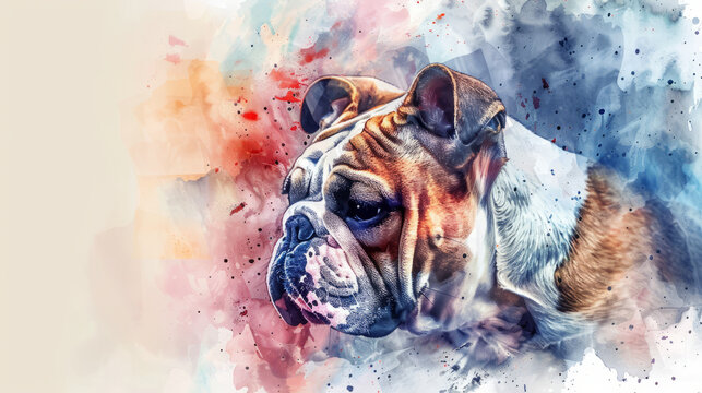 Portrait of bulldog dog. Colorful watercolor painting illustration.