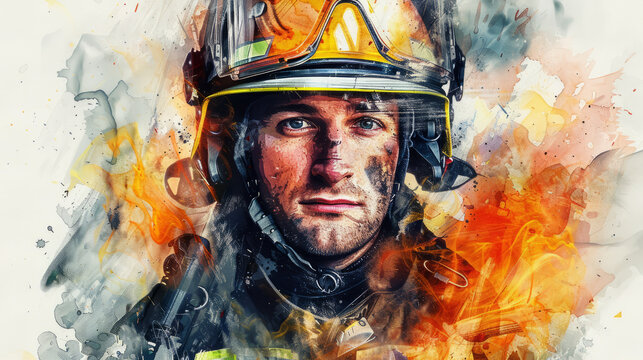 Portrait of firefighter. Colorful watercolor painting illustration.