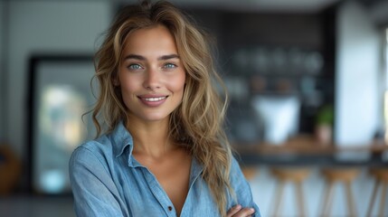 Happy young smiling confident professional business woman wearing blue shirt, pretty stylish female executive looking at camera, standing arms crossed at grey background concept.