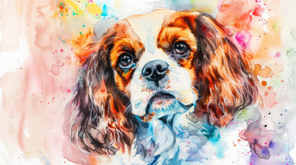 Portrait of Cavalier King Charles Spaniel dog. Colorful watercolor painting illustration. - obrazy, fototapety, plakaty