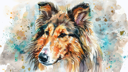 Portrait of Collie dog. Colorful watercolor painting illustration.