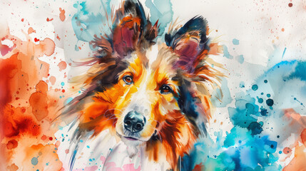 Portrait of Collie dog. Colorful watercolor painting illustration.