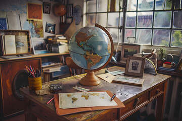 Earth globe on a study desk - obrazy, fototapety, plakaty