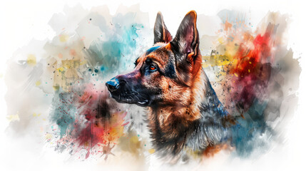 Portrait of german shepherd dog. Colorful watercolor painting illustration. - obrazy, fototapety, plakaty
