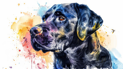 Portrait of black labrador retriever dog. Colorful watercolor painting illustration.