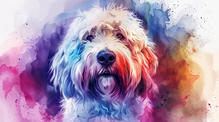 Portrait of Old English Sheepdog dog. Colorful watercolor painting illustration.
