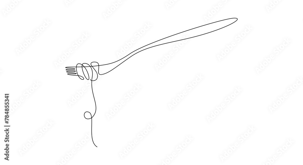 Aufkleber Fork with pasta in One Continuous line drawing. Italian spaghetti noodle for web banner and food delivery service in simple linear style. Editable stroke. Doodle Vector illustration