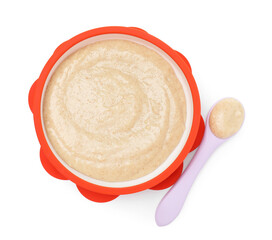 Tasty baby food in bowl and spoon isolated on white, top view