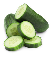 Halves and slices of long cucumber isolated on white