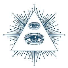 Blackwork tattoo flash. Eye of Providence. Masonic symbol. All seeing eye inside triangle pyramid. New World Order. Sacred geometry, religion, spirituality, occultism. Isolated vector illustration - 784855926