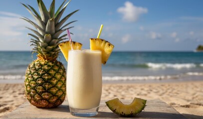 Two summer coconut milk cocktails with a slice of pineapple on the table on a sunny beach. Pina colada	 - obrazy, fototapety, plakaty