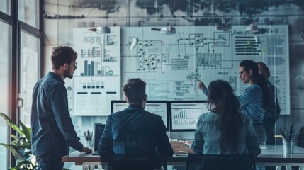 A group of developers huddle around a large conference table discussing the latest updates to their backend code. Whiteboards filled with diagrams and flowcharts line the walls showcasing .