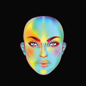 Portrait of robot android woman in retro futurism style. Vector illustration of a cyborg in glowing neon bright colors. futuristic synth wave flyer template. Cyber technology.