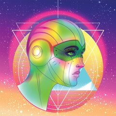 Portrait of robot android woman in retro futurism style. Vector illustration . of a cyborg in glowing neon bright colors. futuristic synth wave flyer template. Cyber technology. - 784856399