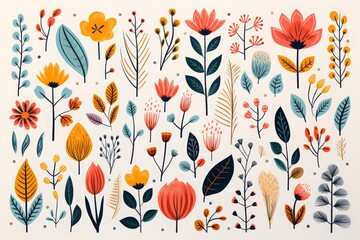 A diverse collection of stylized plants and flowers, artistically illustrated with a bold color palette, ideal for modern botanical artwork. - obrazy, fototapety, plakaty
