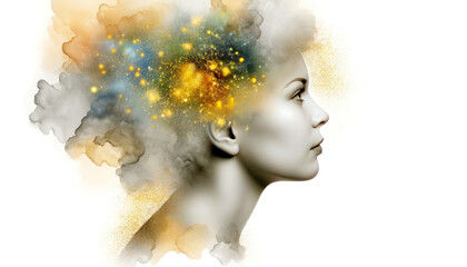 woman whose head is dissolving into a burst of golden particles and watercolor textures