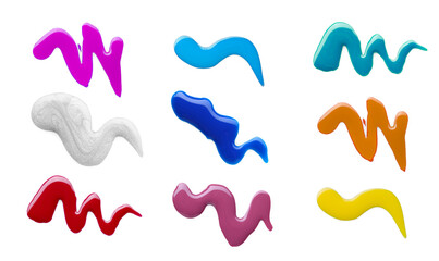 Nail polish spills of different colors on white background, collection