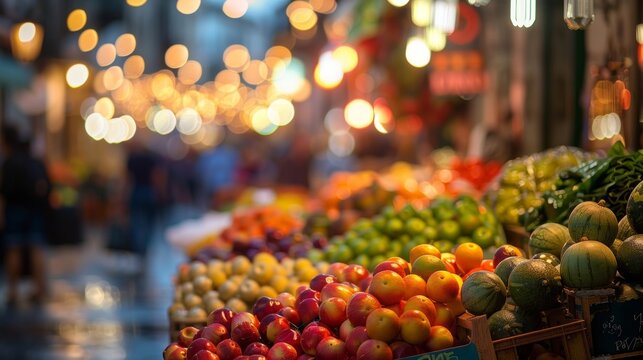 Softly blurred image of a quaint street market in the Mediterranean overflowing with colorful produce dangling lights above and bustling crowds in the background. .