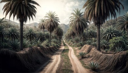 Dirt road through the palm grove - Powered by Adobe