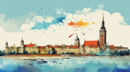 Warsaw Capital of Poland. Watercolor splash with ha