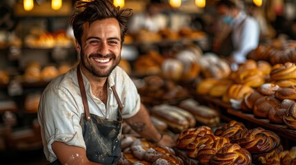 Smiling Baker in Bakery - obrazy, fototapety, plakaty