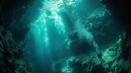 Underwater Scene with Diver - obrazy, fototapety, plakaty